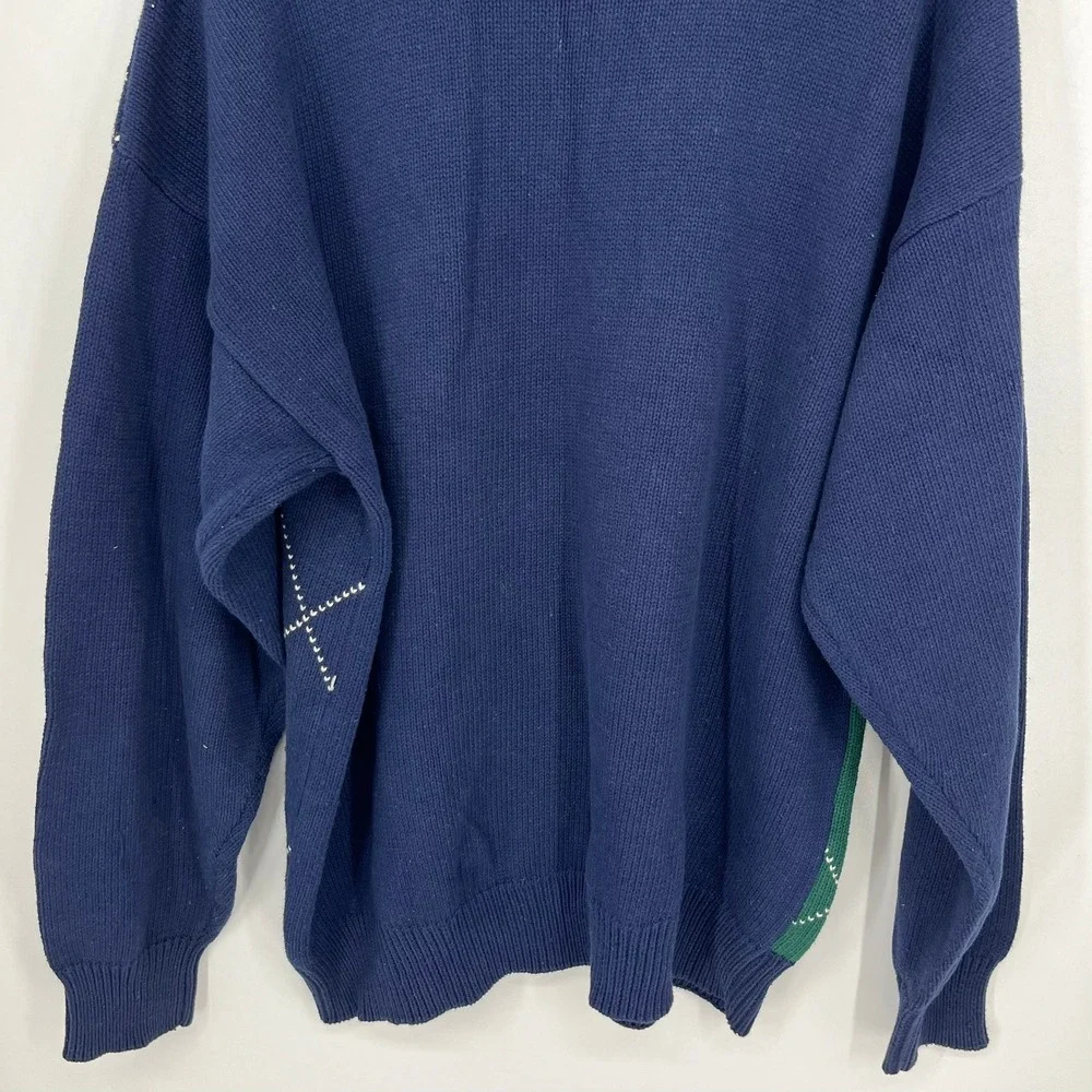John Ashford Golf Mens XL Argyle Cotton Knit Sweater Navy Green Golf Bag Logo
